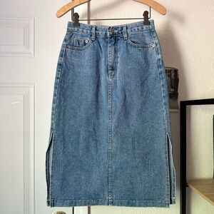 OLIVE CLOTHING blue cotton denim jean midi skirt